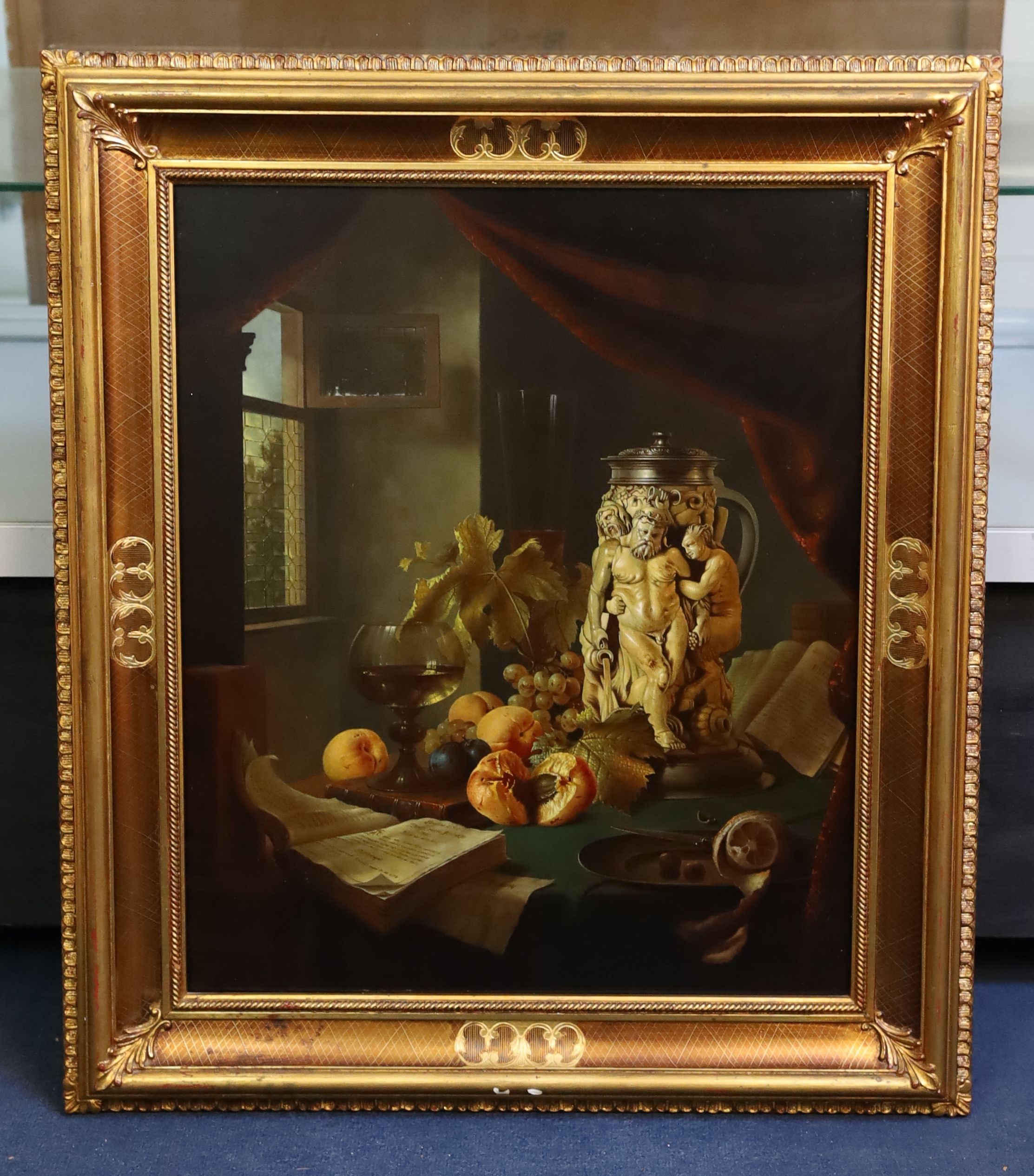 Gyula Bubarnik (Hungarian, 1936-2010), 17th century still life of a carved ivory goblet, fruit, a glass and a book upon a table top, with leaded window beyond, oil on board, 58 x 48cm